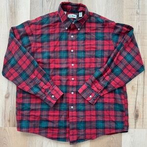 Vintage LL Bean Plaid Flannel Button Down Shirt Red Green Mens Large